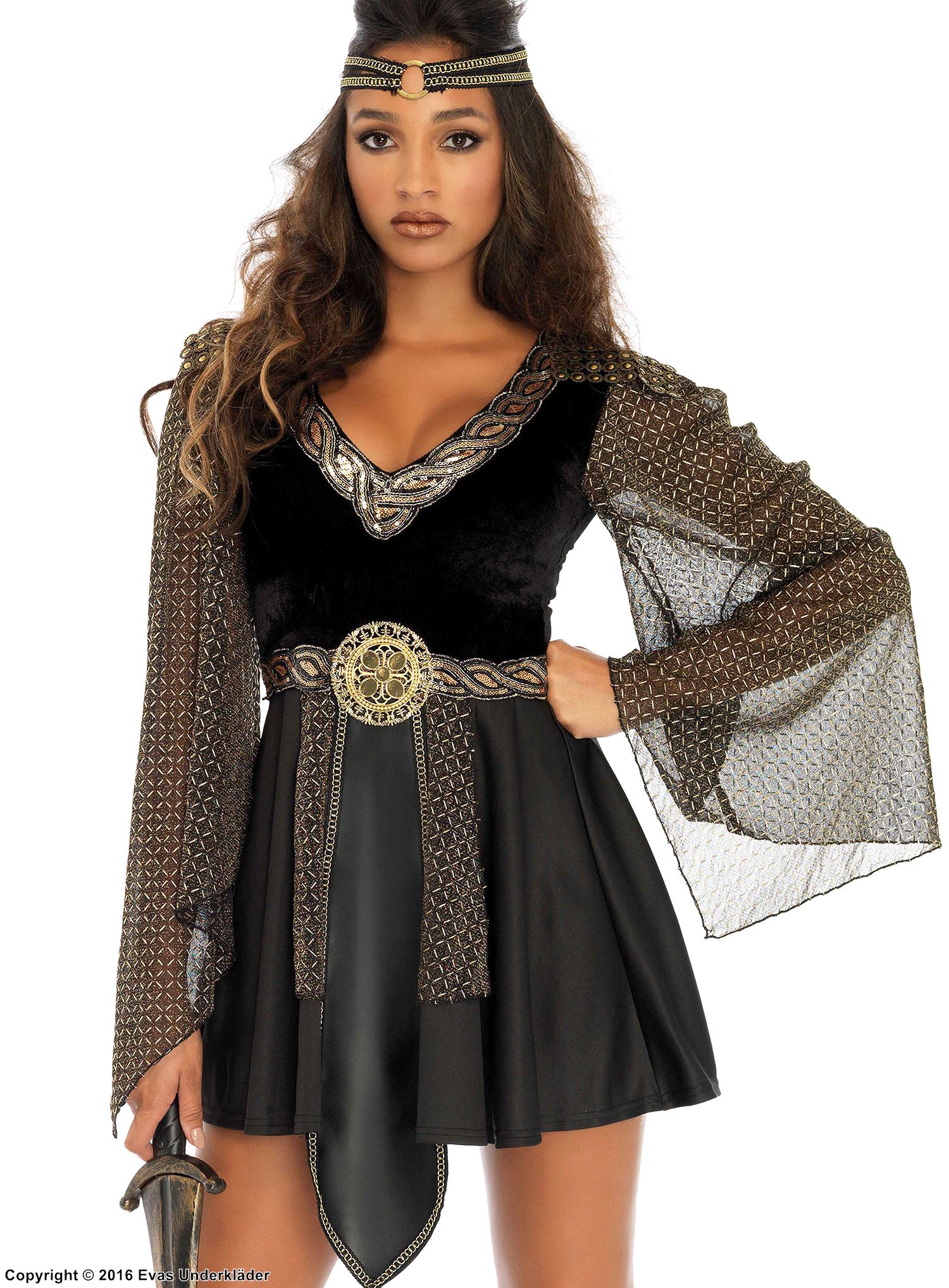Amazon warrior, costume dress, sequins, mesh sleeves, velvet
